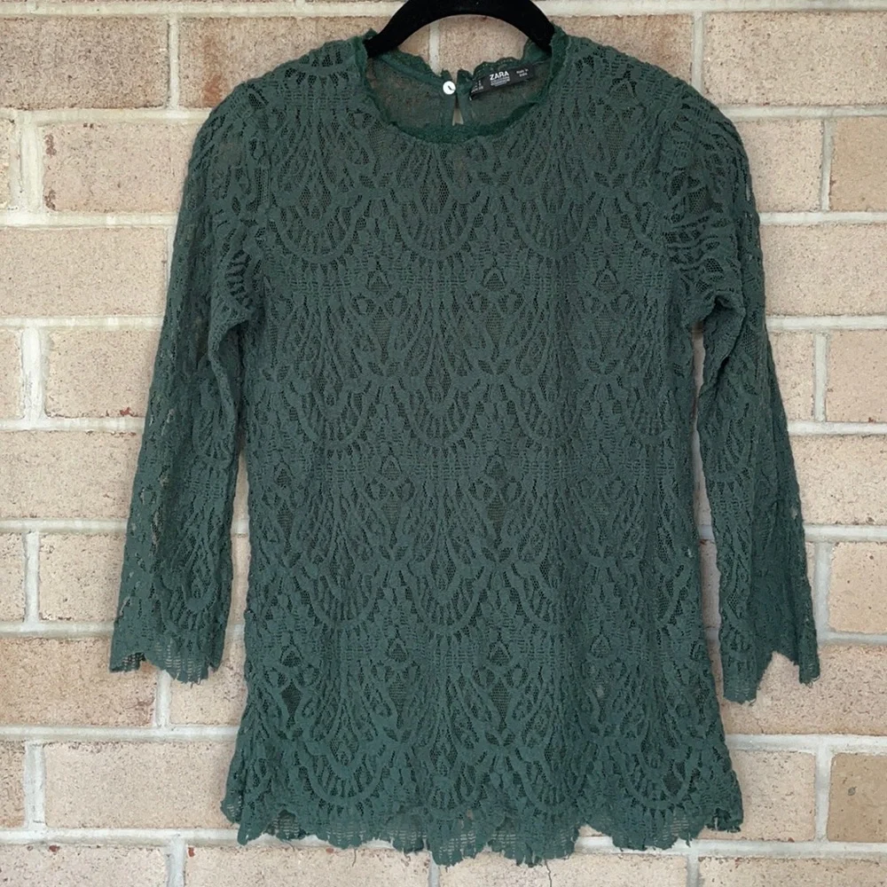Zara Forest Green Lace Mesh Blouse